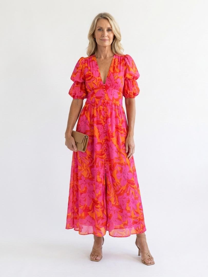 Willow | Bloemen V-Hals Puff Mouw Midi Jurk