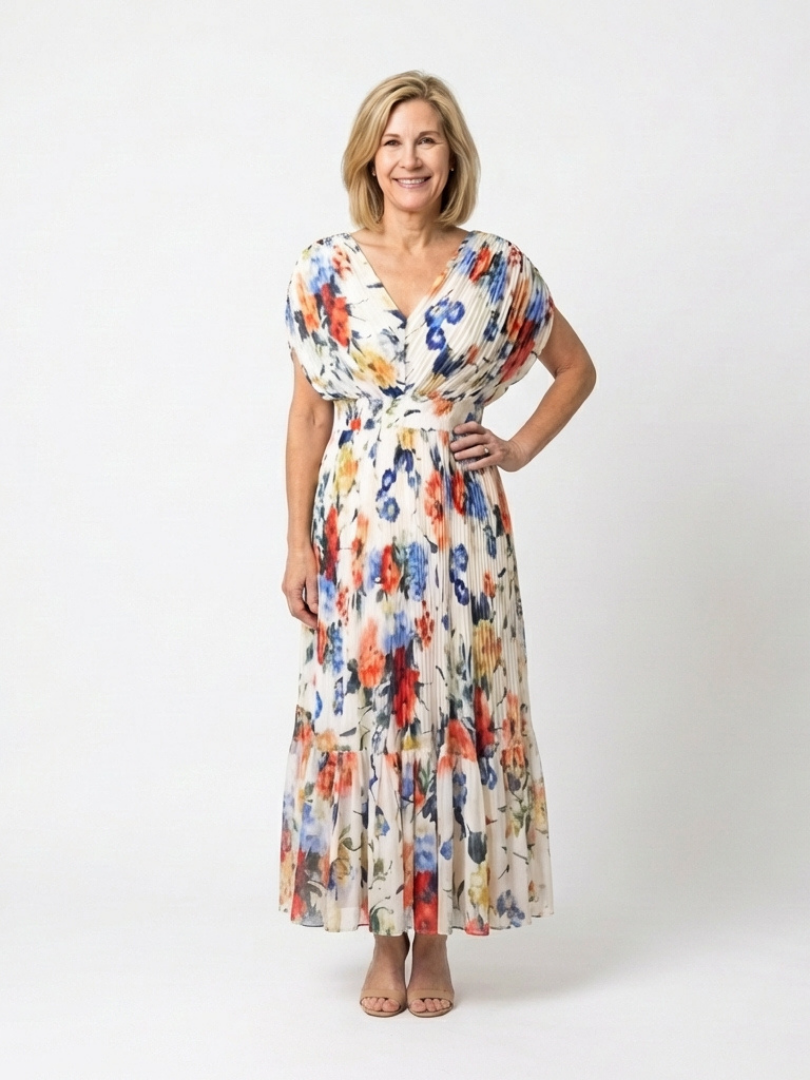 Savannah | Korte Mouw Plissé Bloemen Midi Jurk