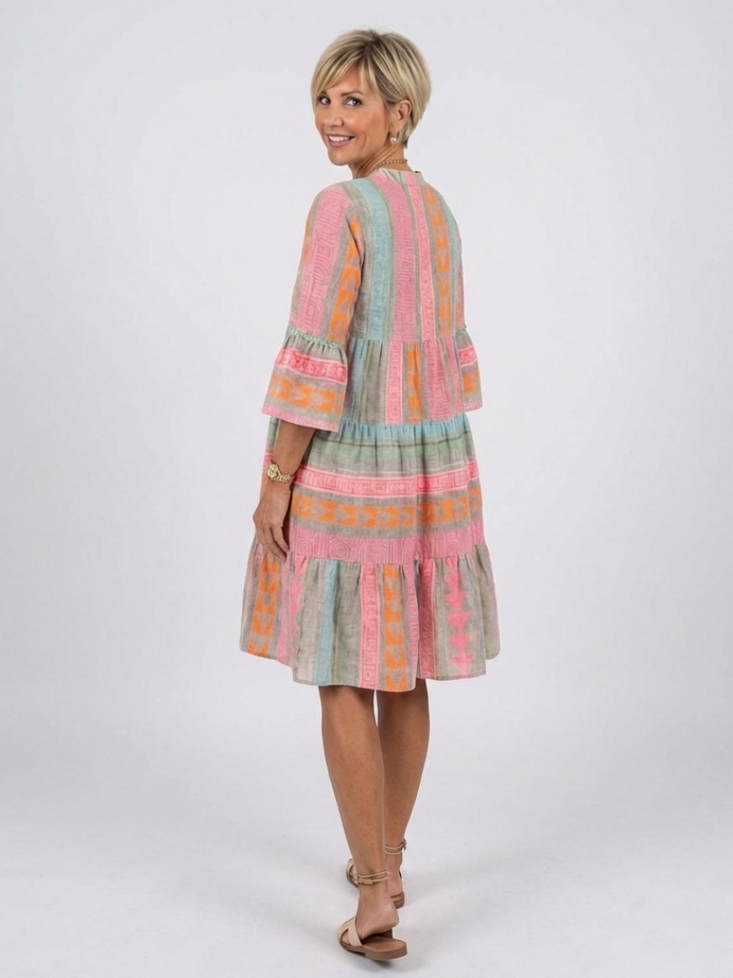 Maelle | Geometrische Print V-hals Laagjes Jurk tot de Knie
