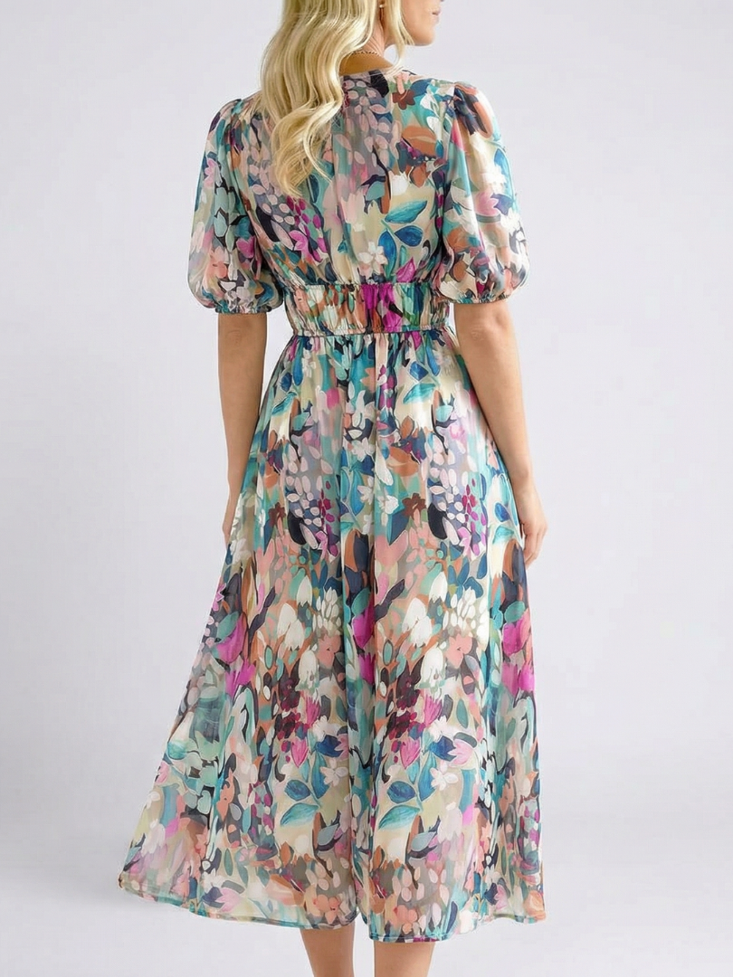 Eulalie | V-hals Korte Mouw Gathered Waist Midi Jurk