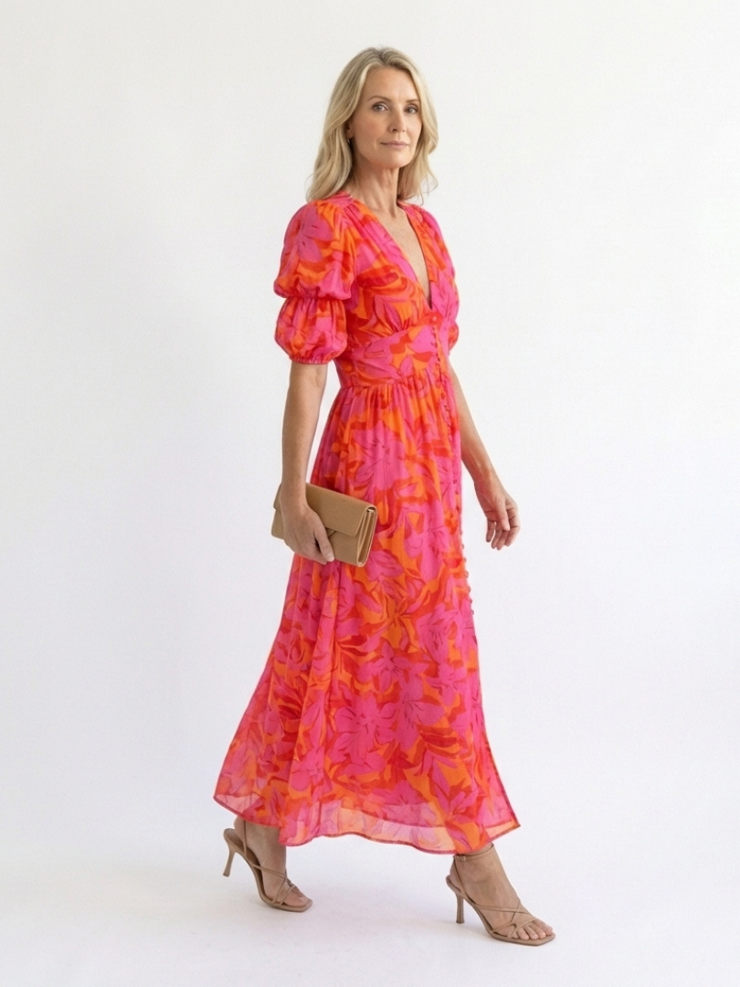 Willow | Bloemen V-Hals Puff Mouw Midi Jurk