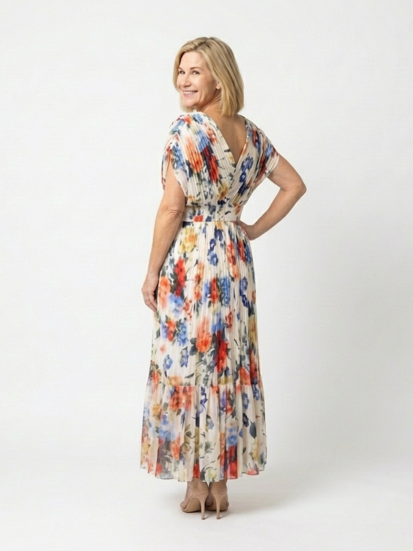 Savannah | Korte Mouw Plissé Bloemen Midi Jurk
