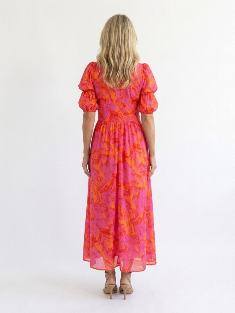 Willow | Bloemen V-Hals Puff Mouw Midi Jurk