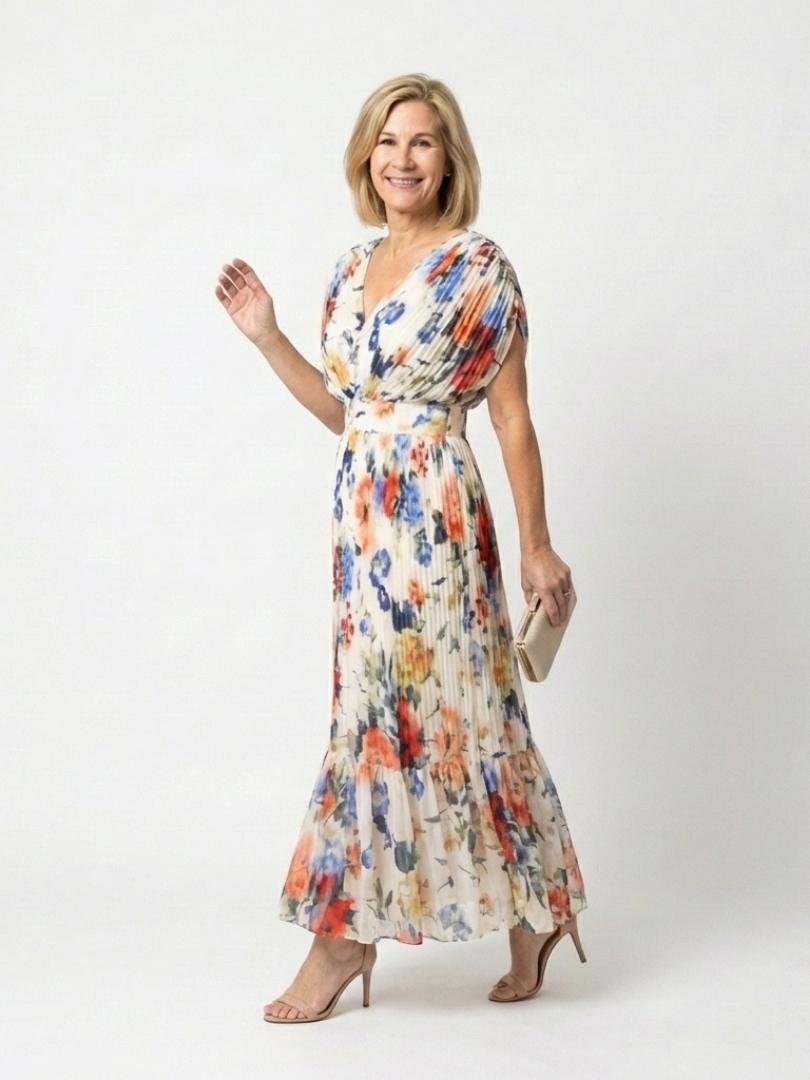Savannah | Korte Mouw Plissé Bloemen Midi Jurk