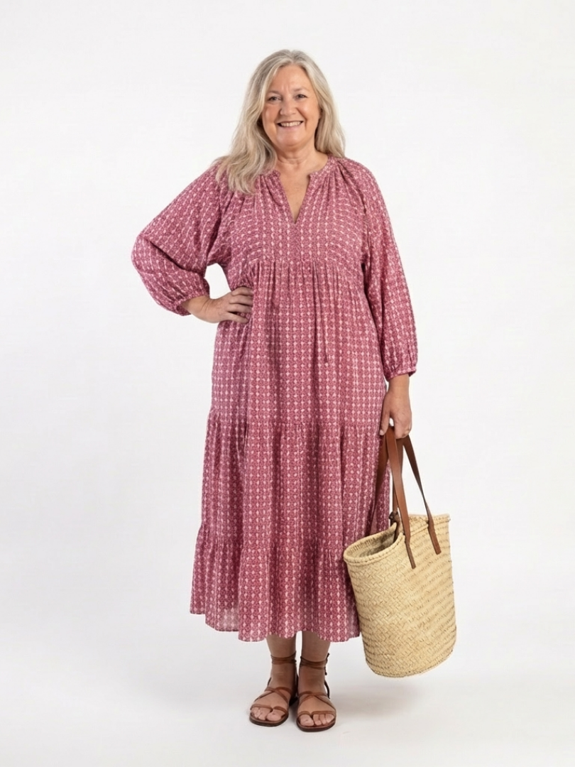 Arlette | Geometrische Print Lange Mouwen Midi Jurk