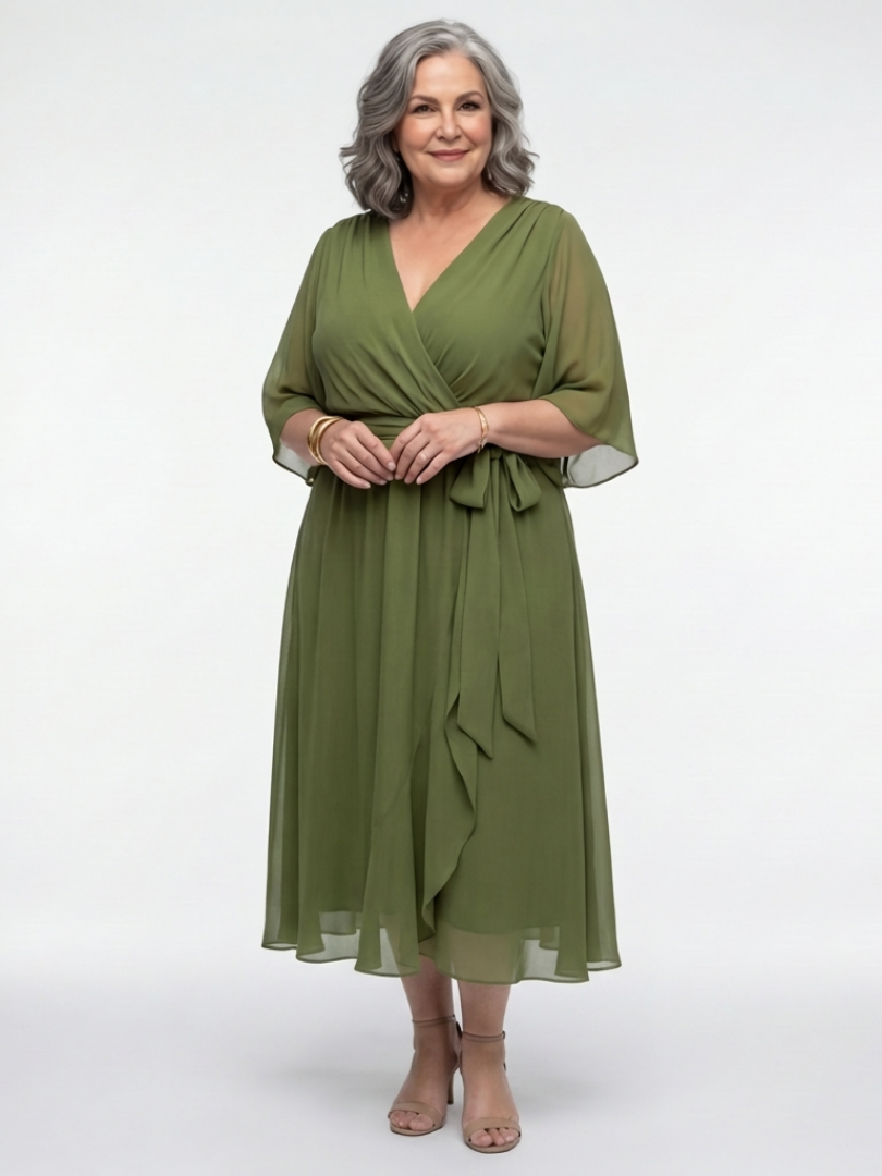 Elysia | V-Hals Draped Taille Strik Midi Jurk