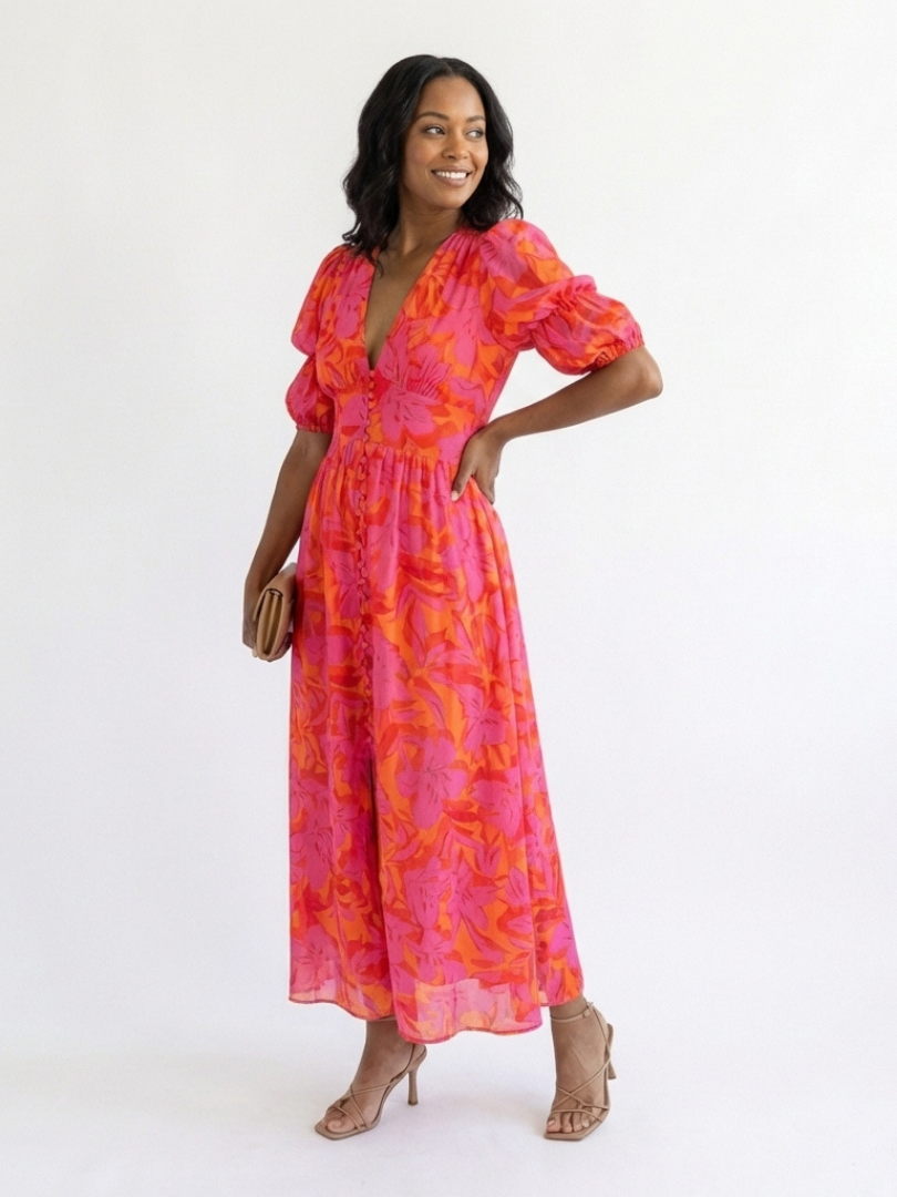 Willow | Bloemen V-Hals Puff Mouw Midi Jurk