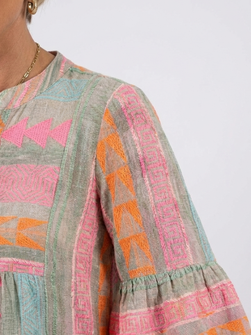 Maelle | Geometrische Print V-hals Laagjes Jurk tot de Knie