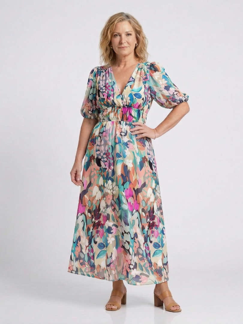 Eulalie | V-hals Korte Mouw Gathered Waist Midi Jurk
