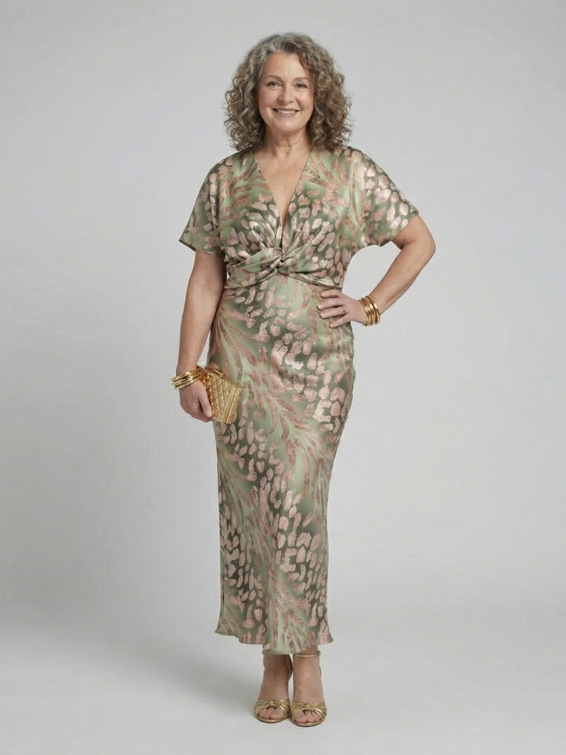 Coralie | Abstracte Print V-Hals Twist Taille Midi Jurk