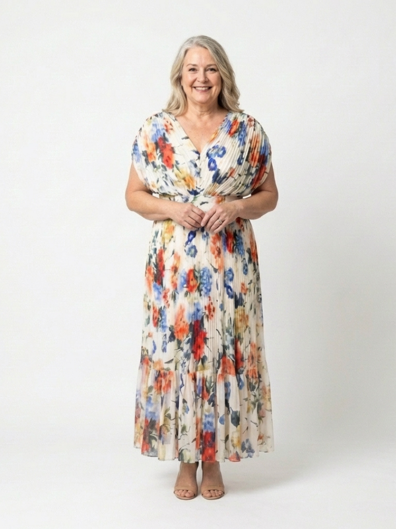 Savannah | Korte Mouw Plissé Bloemen Midi Jurk