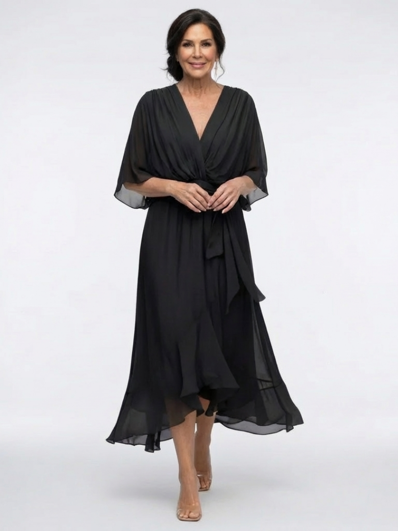 Elysia | V-Hals Draped Taille Strik Midi Jurk