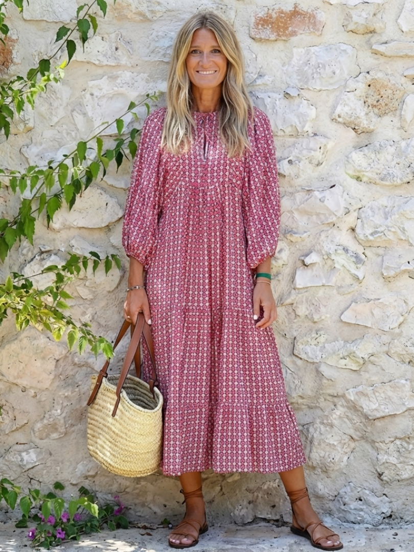 Arlette | Geometrische Print Lange Mouwen Midi Jurk