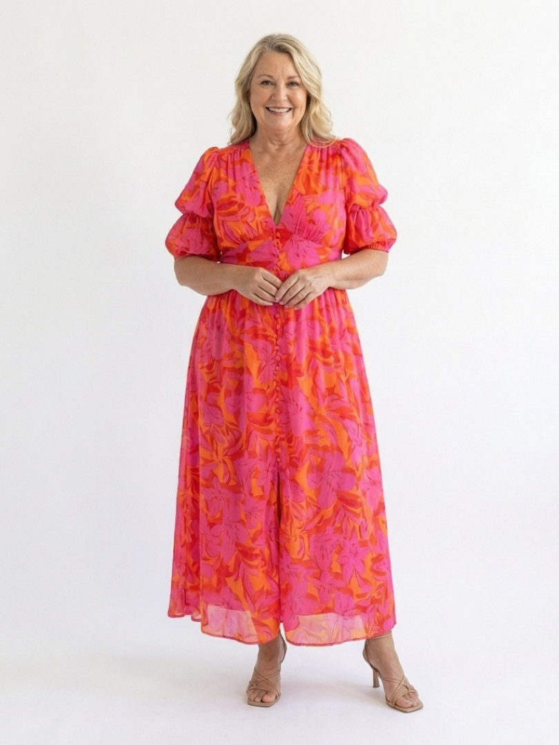 Willow | Bloemen V-Hals Puff Mouw Midi Jurk