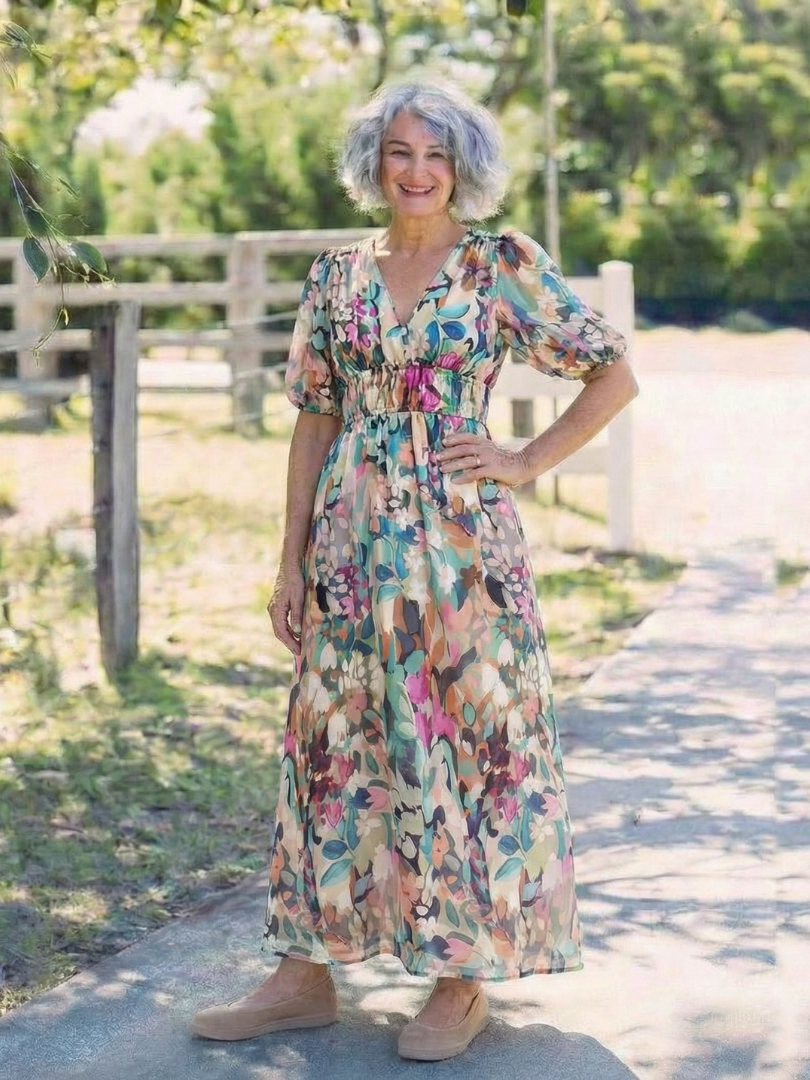 Eulalie | V-hals Korte Mouw Gathered Waist Midi Jurk