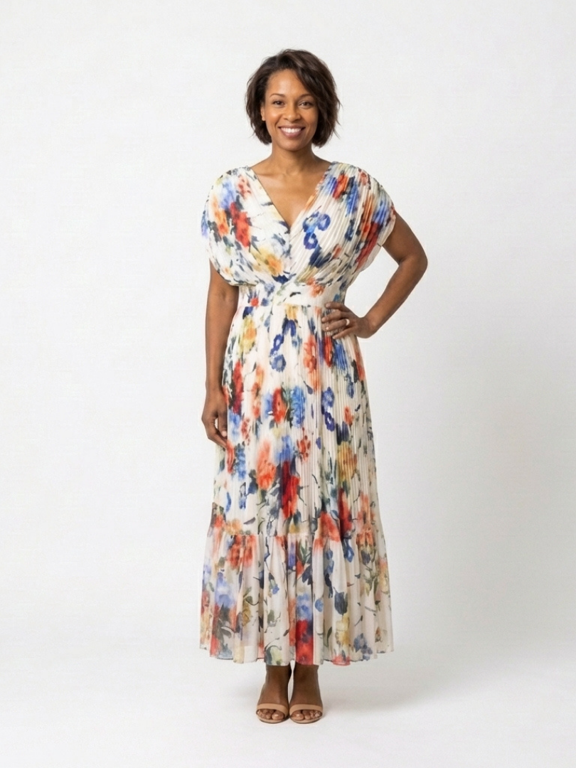 Savannah | Korte Mouw Plissé Bloemen Midi Jurk