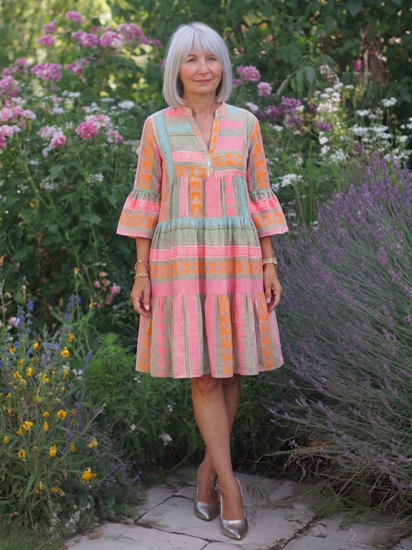 Maelle | Geometrische Print V-hals Laagjes Jurk tot de Knie