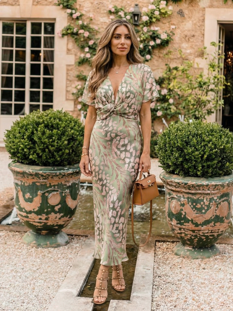 Coralie | Abstracte Print V-Hals Twist Taille Midi Jurk