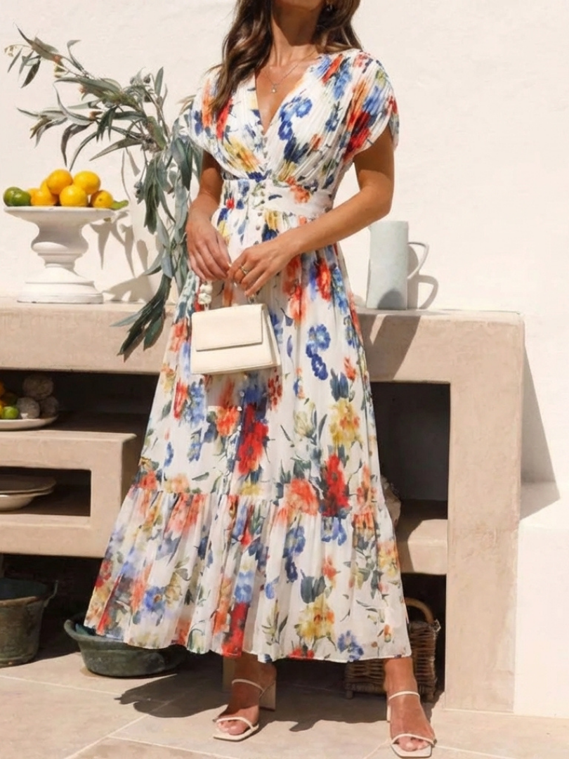 Savannah | Korte Mouw Plissé Bloemen Midi Jurk