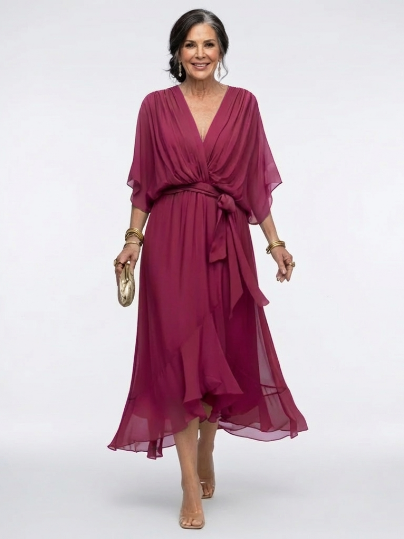 Elysia | V-Hals Draped Taille Strik Midi Jurk