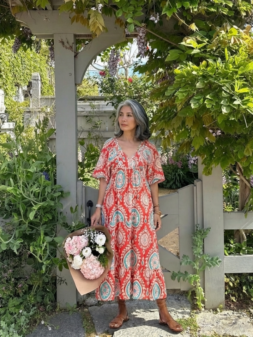 Zaria | Paisley Print V-Hals Korte Mouw Midi Jurk
