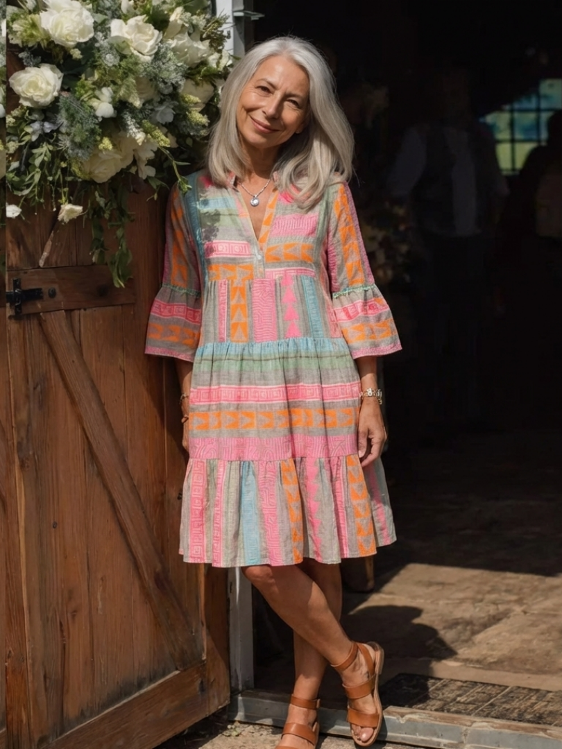 Maelle | Geometrische Print V-hals Laagjes Jurk tot de Knie