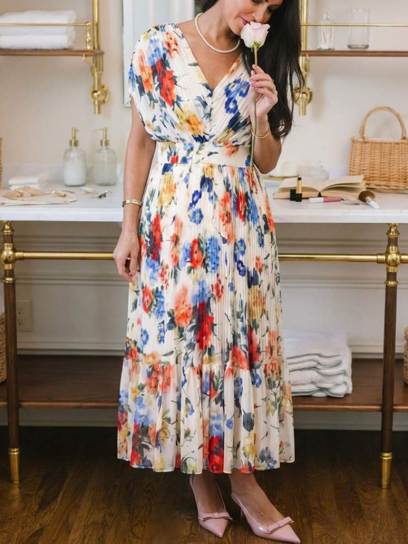Savannah | Korte Mouw Plissé Bloemen Midi Jurk