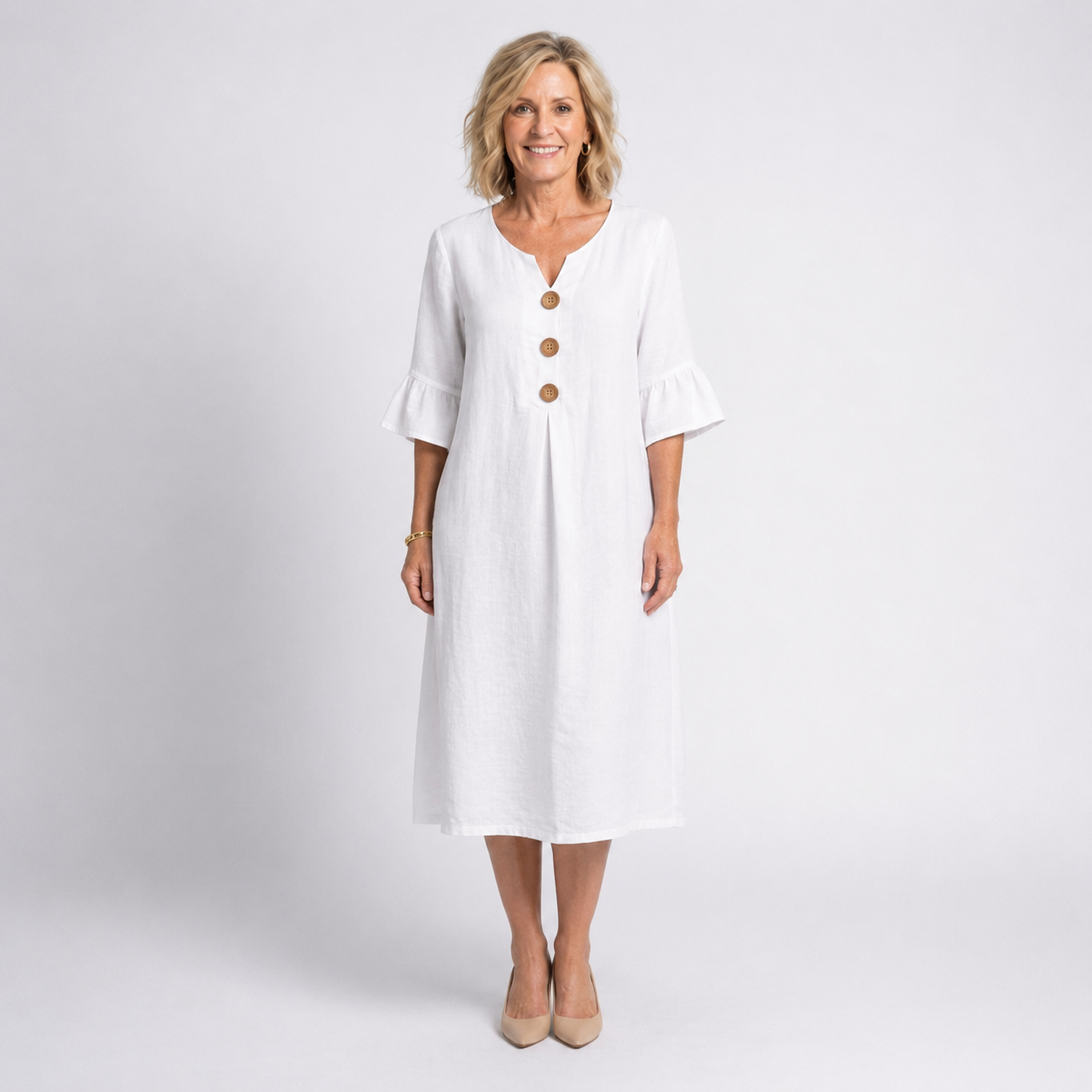 Camille | Elegante Linnen en Katoenen Knopjurk
