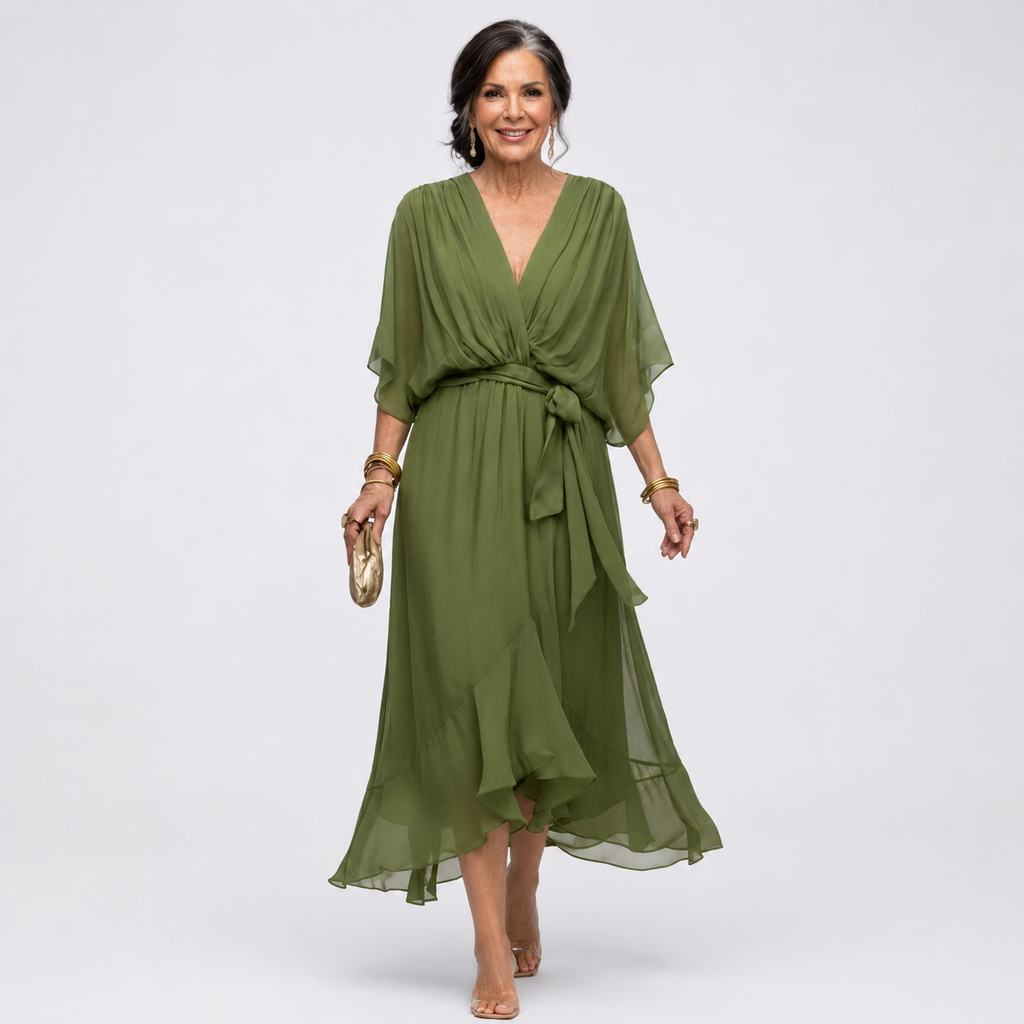 Elysia | V-Hals Draped Taille Strik Midi Jurk