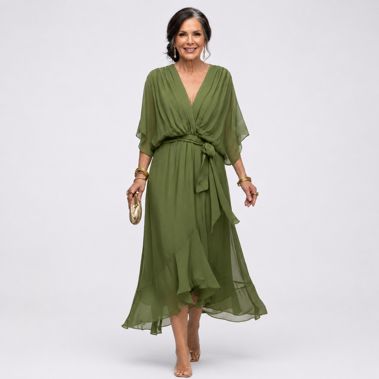 Elysia | V-Hals Draped Taille Strik Midi Jurk