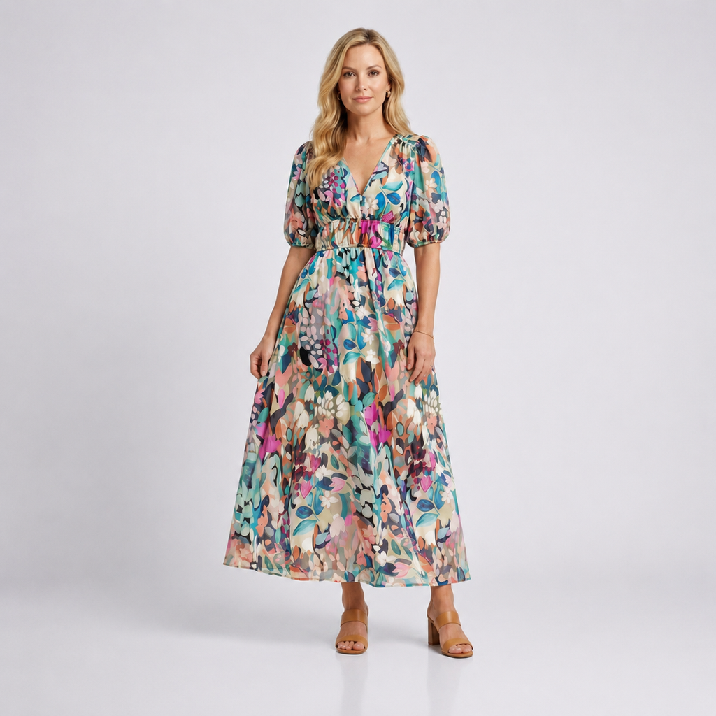 Eulalie | V-hals Korte Mouw Gathered Waist Midi Jurk