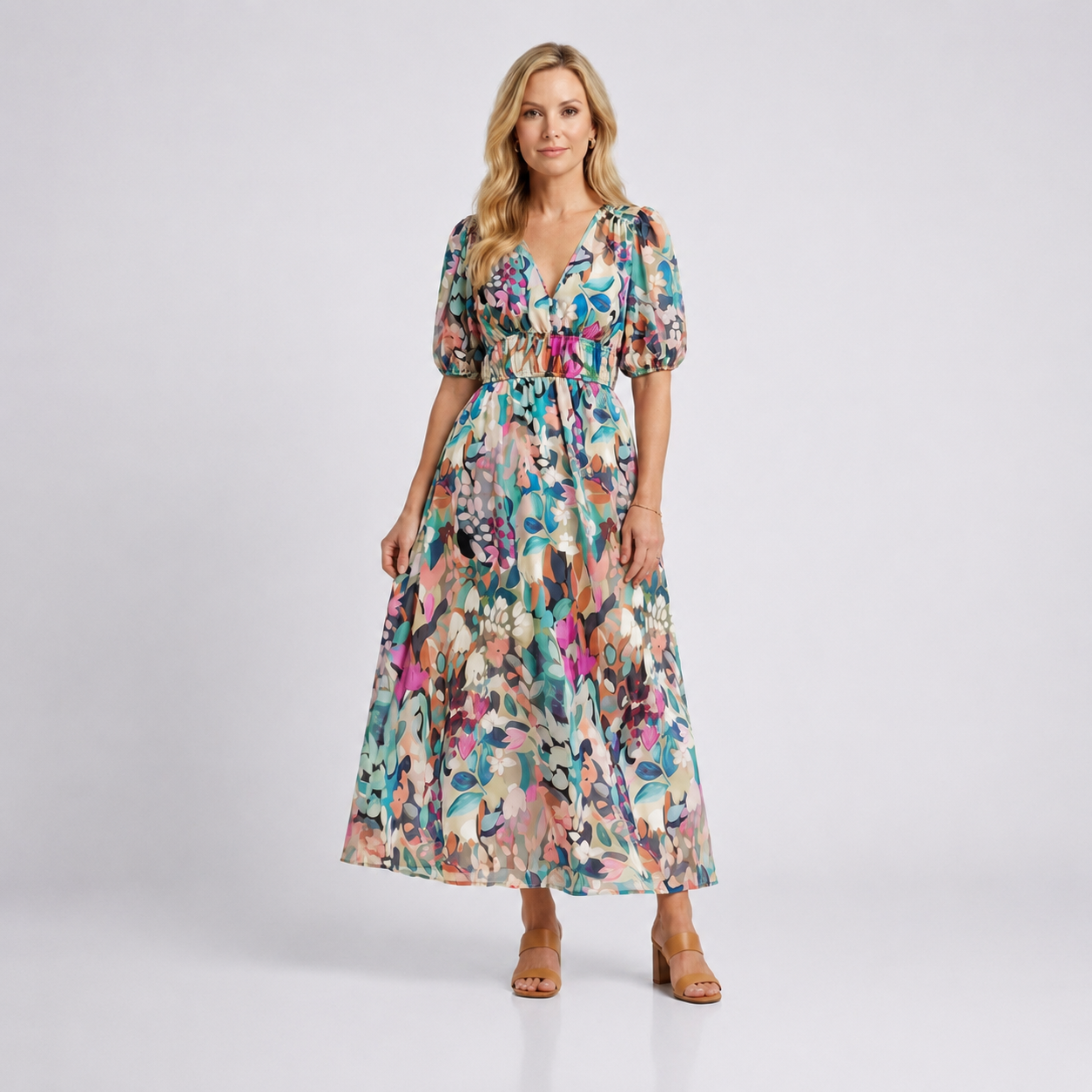 Eulalie | V-hals Korte Mouw Gathered Waist Midi Jurk