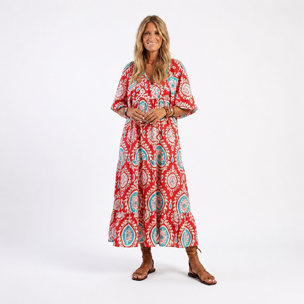 Zaria | Paisley Print V-Hals Korte Mouw Midi Jurk