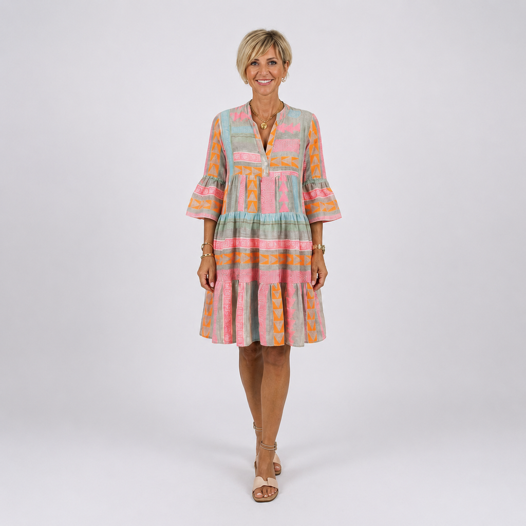 Maelle | Geometrische Print V-hals Laagjes Jurk tot de Knie