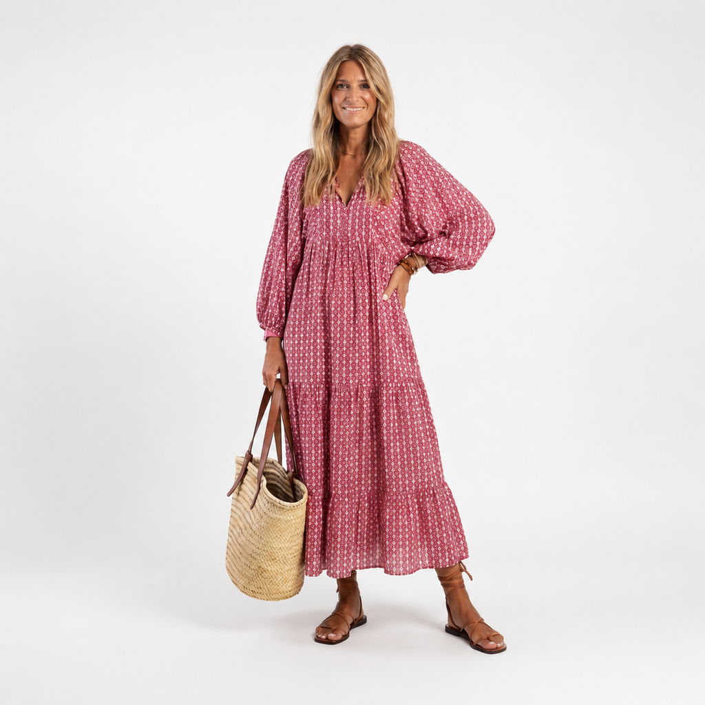 Arlette | Geometrische Print Lange Mouwen Midi Jurk