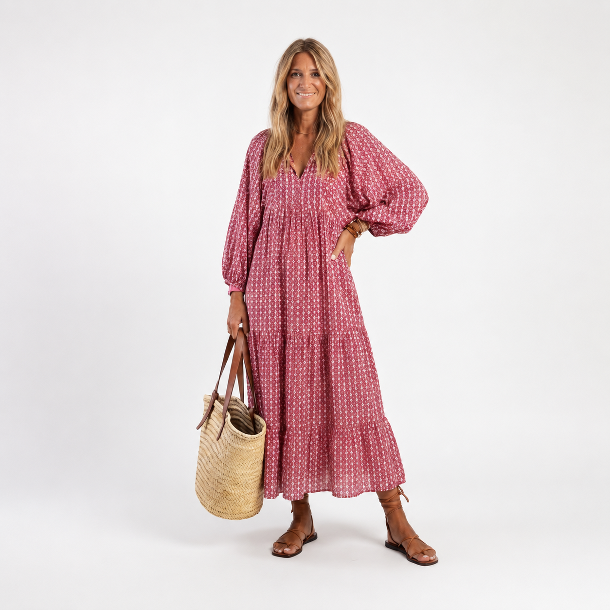 Arlette | Geometrische Print Lange Mouwen Midi Jurk