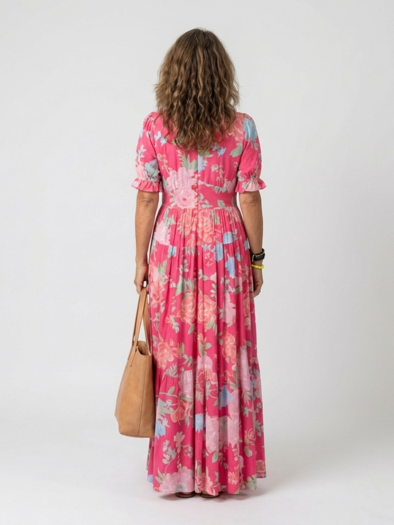 Ione | Korte Mouw V-Hals Bloem Midi Jurk