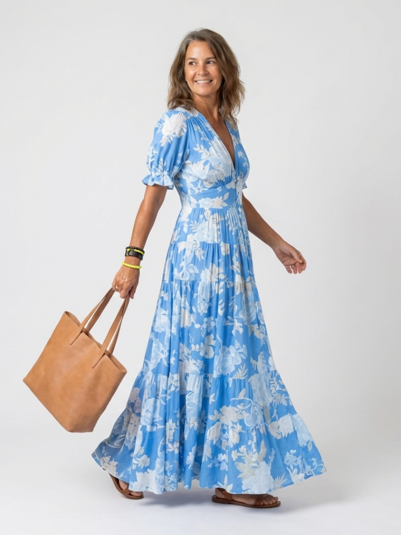 Ione | Korte Mouw V-Hals Bloem Midi Jurk