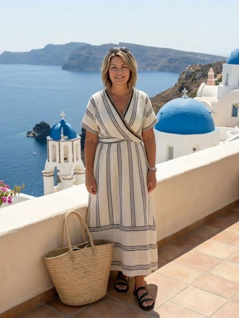 Thalassa | V-Hals Korte Mouw Wrap Taille Midi Jurk