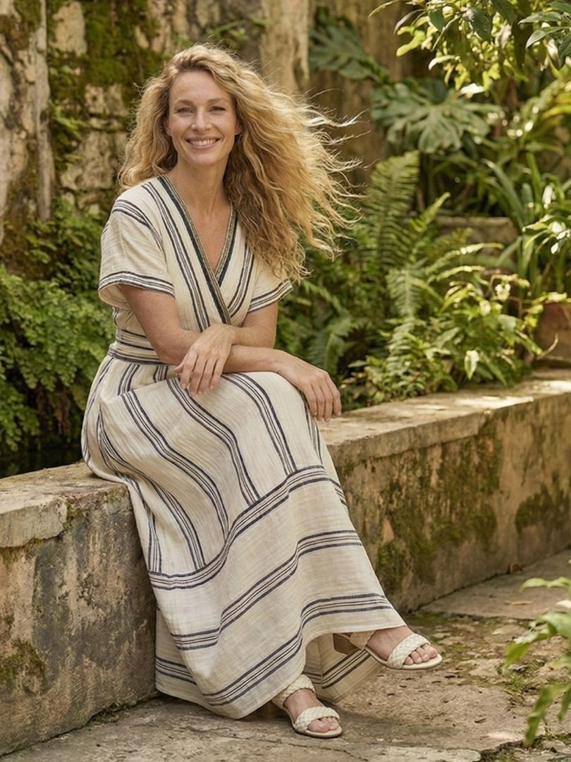 Thalassa | V-Hals Korte Mouw Wrap Taille Midi Jurk