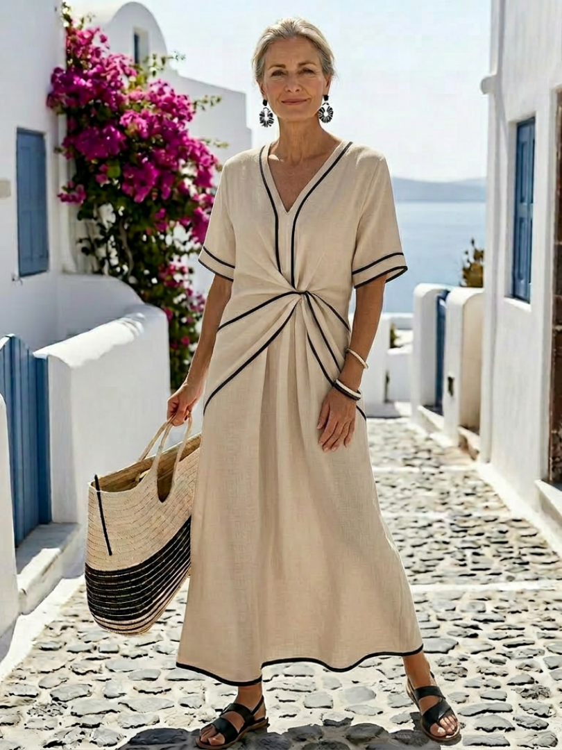 Linnea | V-hals Korte Mouw Gathered Waist Midi Jurk