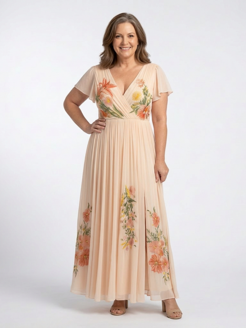 Calista | V-Hals Korte Mouw Geplooide Bloemen Maxi Jurk