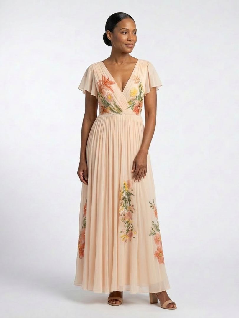 Calista | V-Hals Korte Mouw Geplooide Bloemen Maxi Jurk