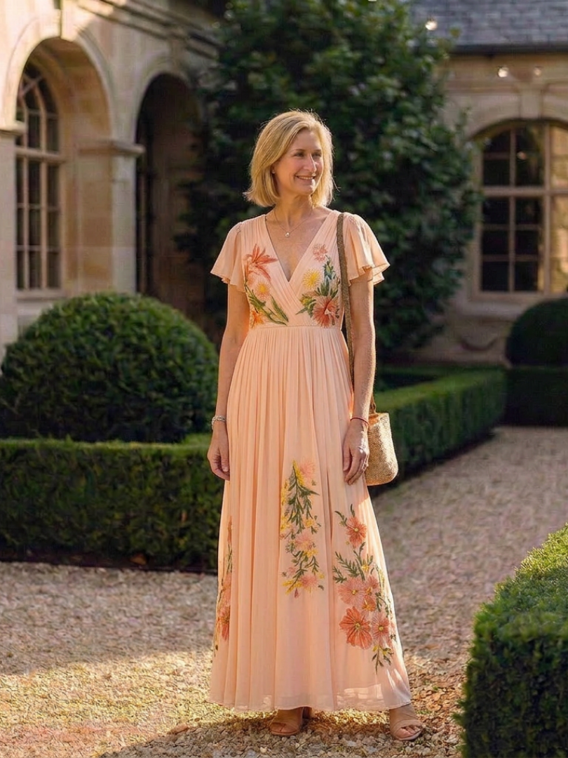 Calista | V-Hals Korte Mouw Geplooide Bloemen Maxi Jurk
