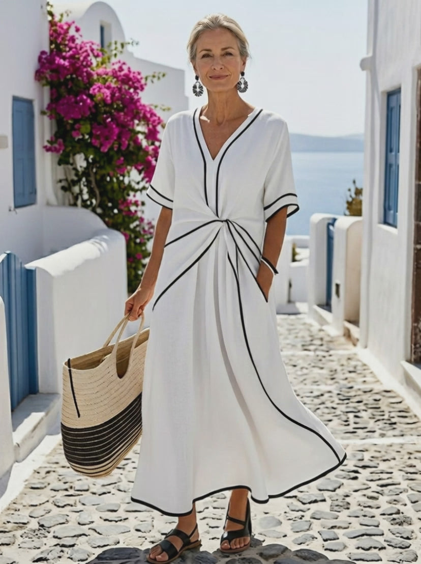 Linnea | V-hals Korte Mouw Gathered Waist Midi Jurk