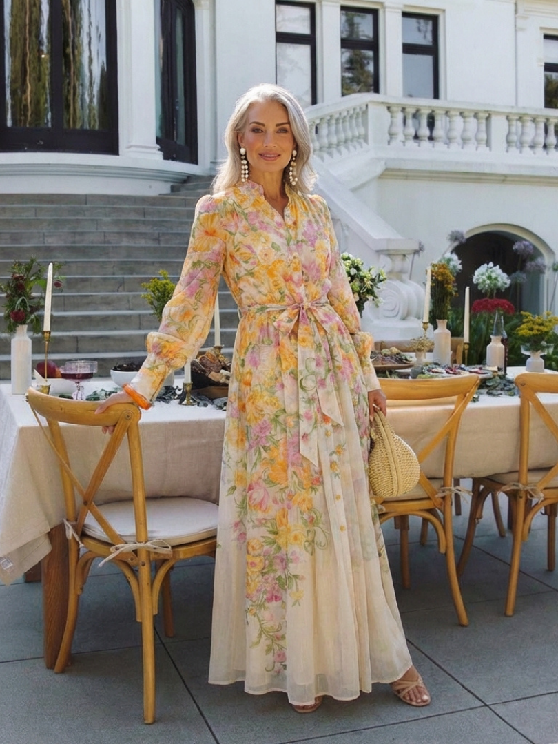 Cressida | Bloemen Doorzichtige Lange Mouwen Maxi Jurk